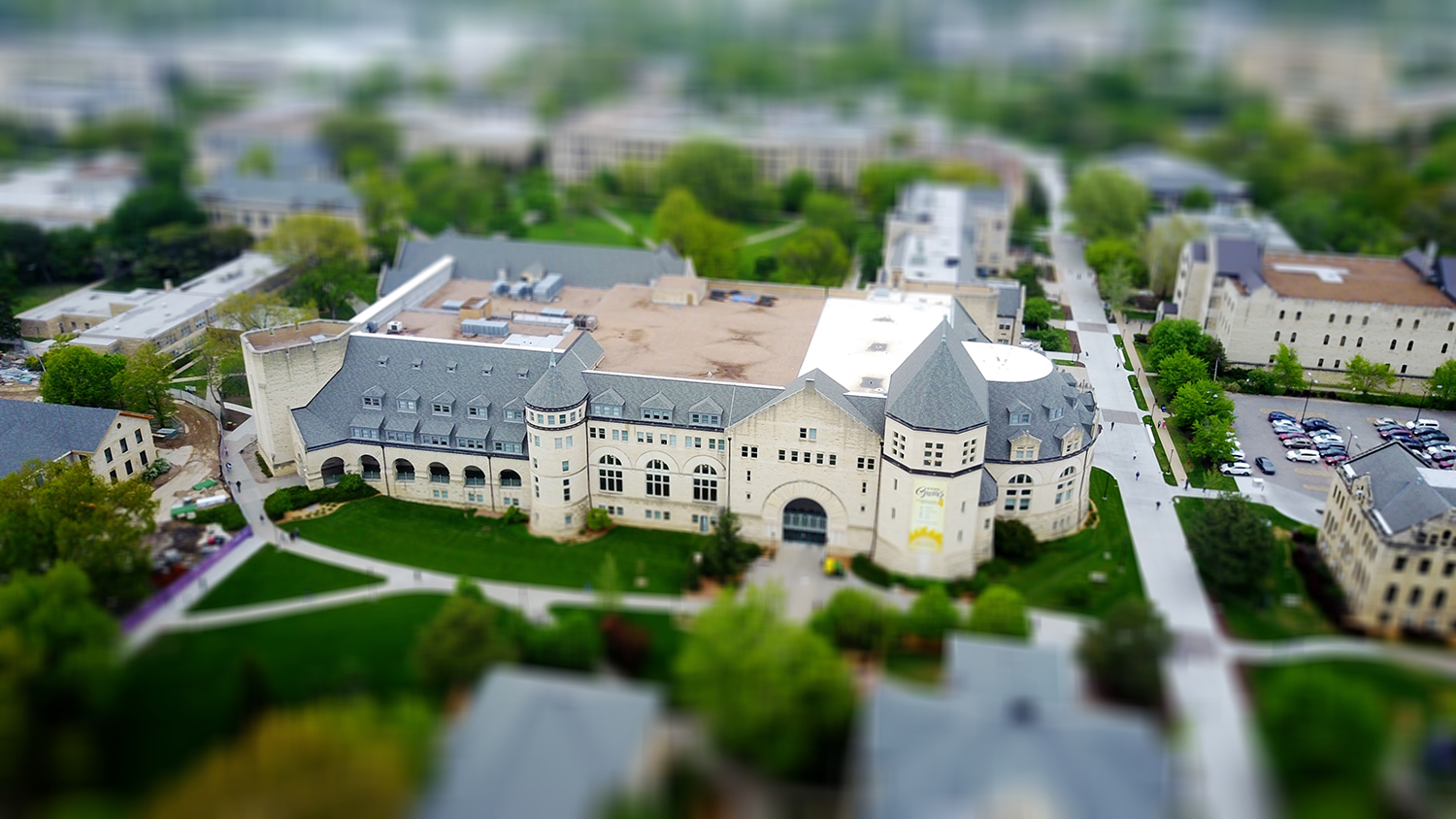 A tilt-shift photo of a school campus.