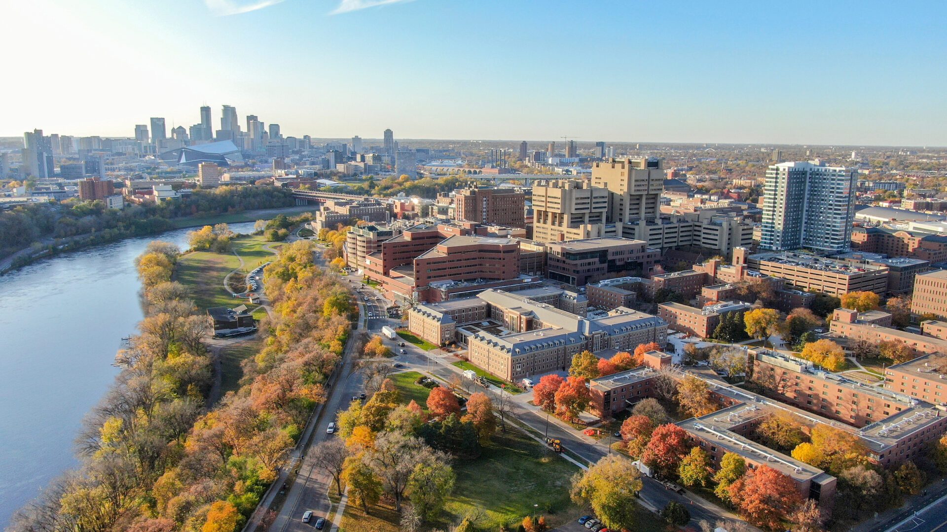 An aerial view of a city skyline.