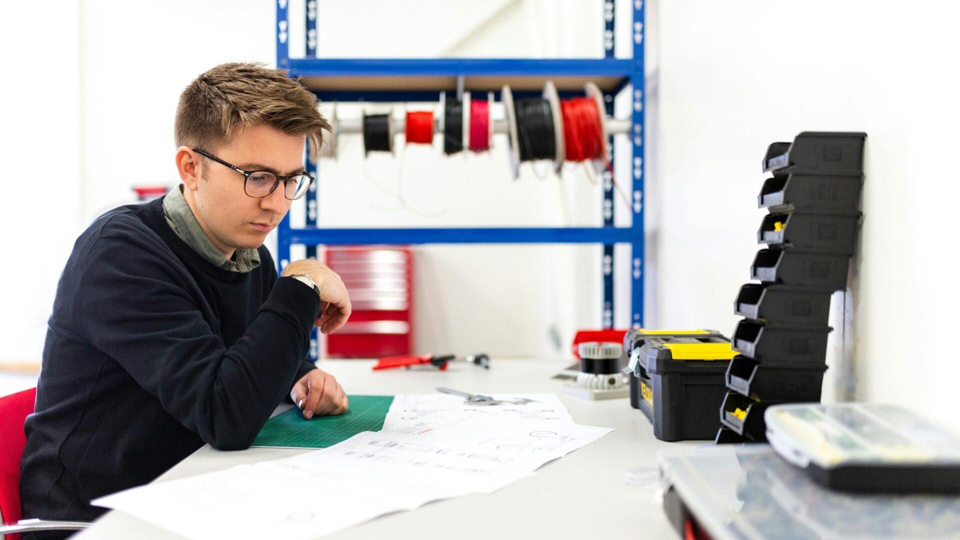 student at a desk in an engineering classroom reviewing a document