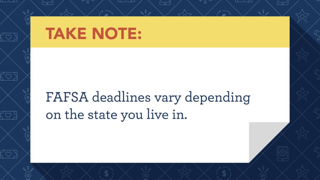 Image text: FAFSA deadlines vary depending on the state you live in.